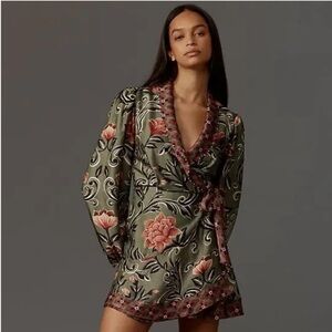 BNWT FARM Rio Green Red Floral Long Sleeve Wrap Dress Beads Details